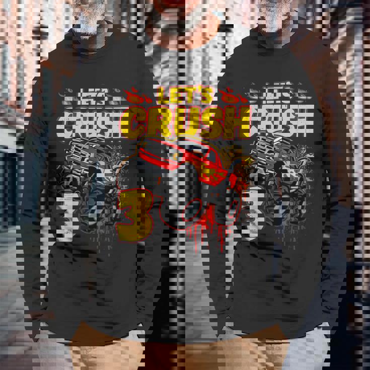 男の子、3歳、英語で、モンスタートラック、誕生日 長袖Tシャツ 高齢者への贈り物