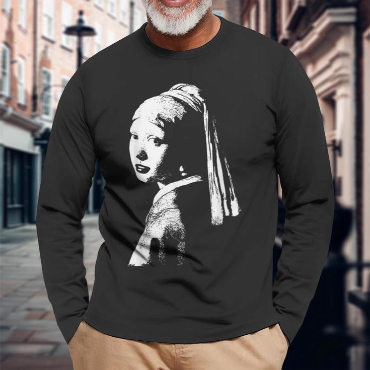真珠のイヤリング ターバン ヨハネス・フェルメール モノクロの少女 長袖Tシャツ 高齢者への贈り物