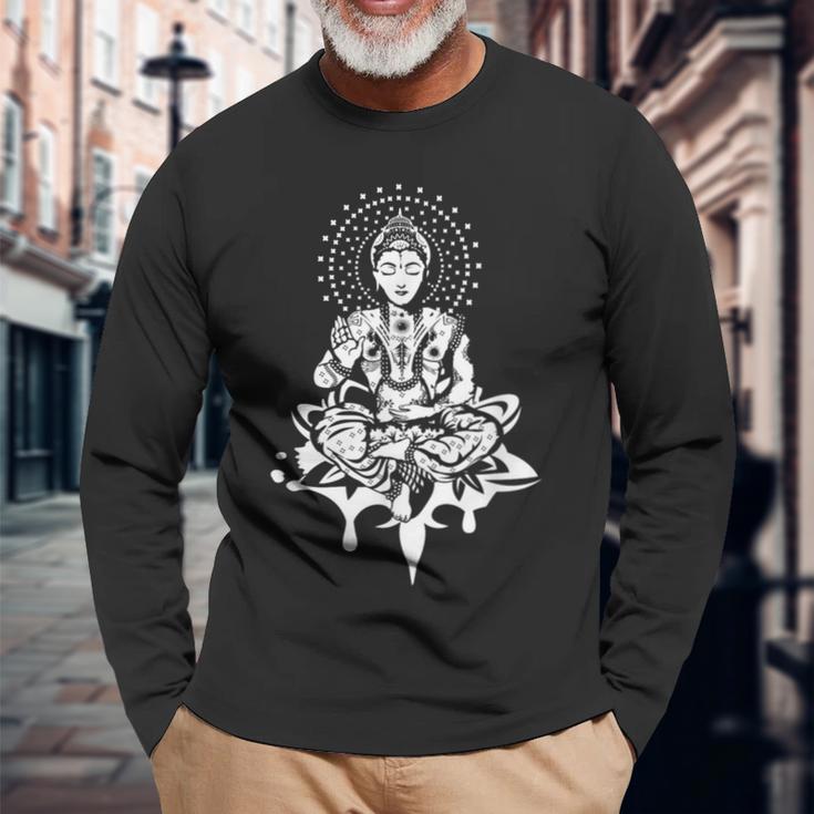 瞑想的な蓮の置物 スピリチュアルな禅ファンタジーデザイン 長袖Tシャツ 高齢者への贈り物
