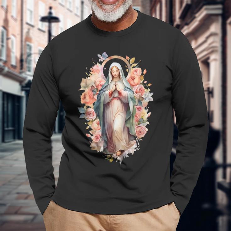 祝福された母 マリア イエスの母 バラ 聖母 カトリック 長袖Tシャツ 高齢者への贈り物
