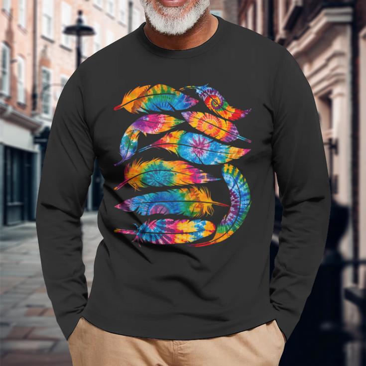絞り染め カラーフェザー アメリカ インディアン プライド ネイティブアメリカン 長袖Tシャツ 高齢者への贈り物