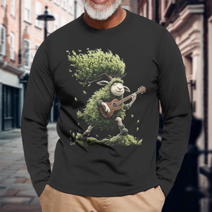 羊の木 ミュージシャン ギター グラフィック 動物 モチーフ 羊 長袖Tシャツ 高齢者への贈り物