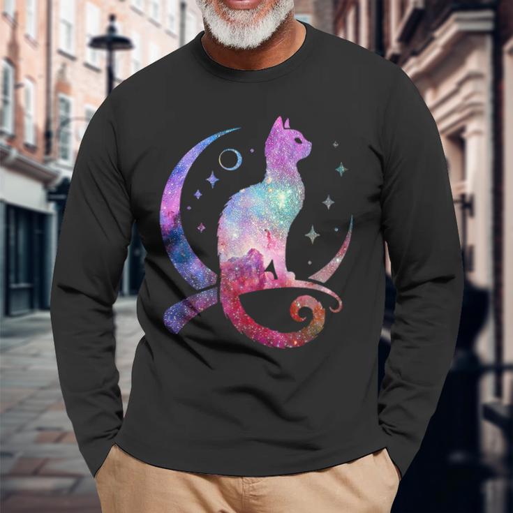 美しい宇宙星雲銀河猫のシルエット 長袖Tシャツ 高齢者への贈り物