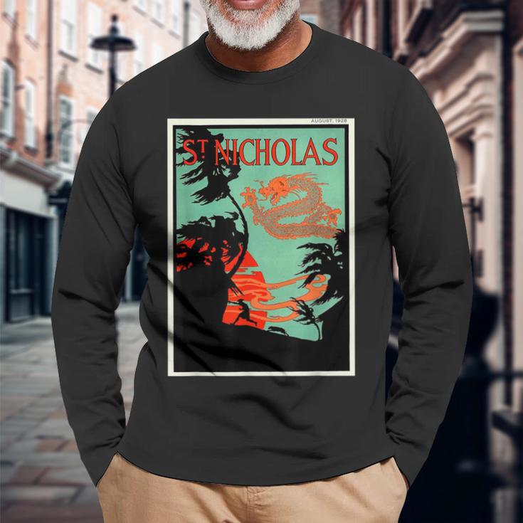 聖ニコルズ ドラゴン サンセット ヤシの木 グラフィック リトグラフ 長袖Tシャツ 高齢者への贈り物