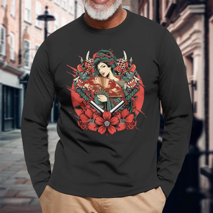 芸者 日本の鬼のお面 妖怪 侍 刀 カタナ 刀 長袖Tシャツ 高齢者への贈り物