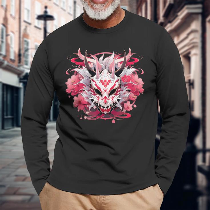芸者にインスパイアされた日本のおにフラワーマスク 長袖Tシャツ 高齢者への贈り物