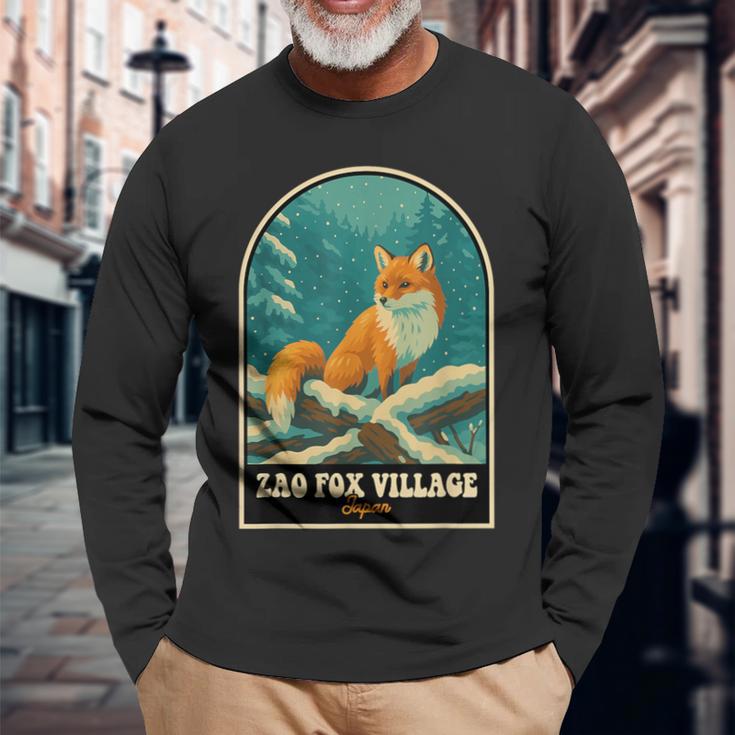 蔵王キツネ村 日本 – ヴィンテージ雪に覆われたキツネアート 長袖Tシャツ 高齢者への贈り物