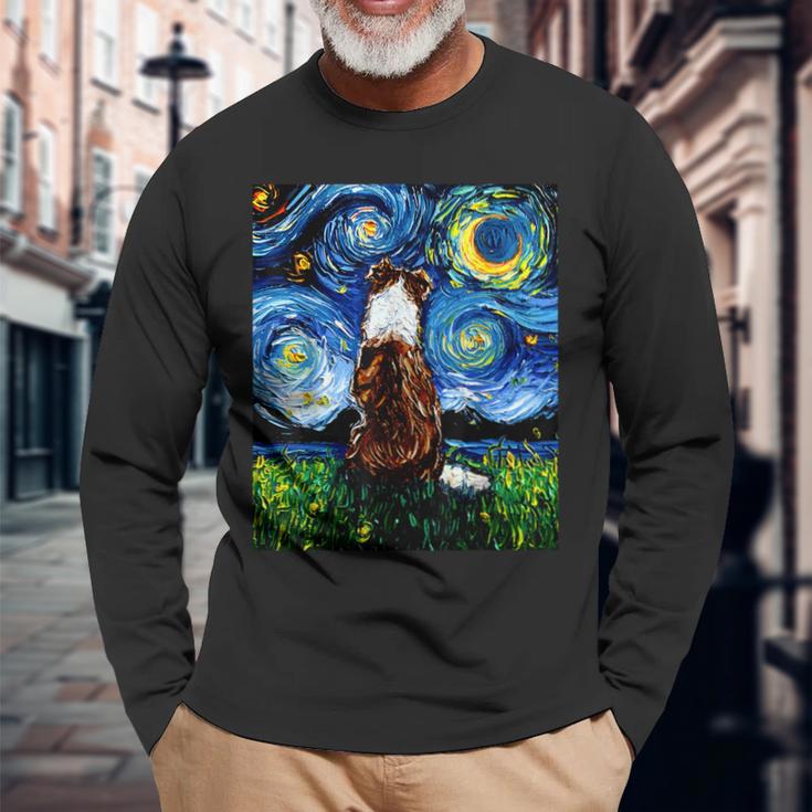赤いボーダーコリー 星月夜犬 アートワーク 長袖Tシャツ 高齢者への贈り物