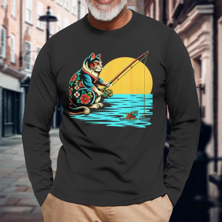 釣り 猫 面白いtシャツ 釣りバカ 釣り人 メンズ おもしろ ネタ 面白い 服 オリジナル 海釣り 川釣り 長袖Tシャツ 高齢者への贈り物