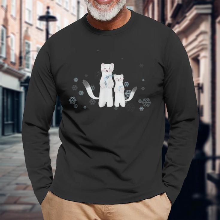 雪の妖精 オコジョの親子 長袖Tシャツ 高齢者への贈り物