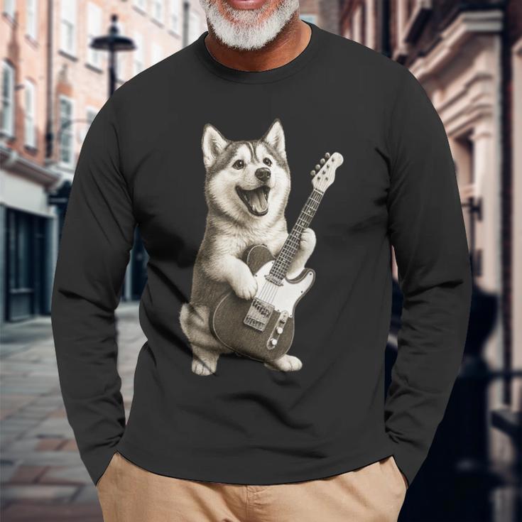 面白いtシャツ シベリアンハスキー 犬 ギター イヌ メンズ グッズ かわいい おもしろ 面白い 服 ネタ 長袖Tシャツ 高齢者への贈り物