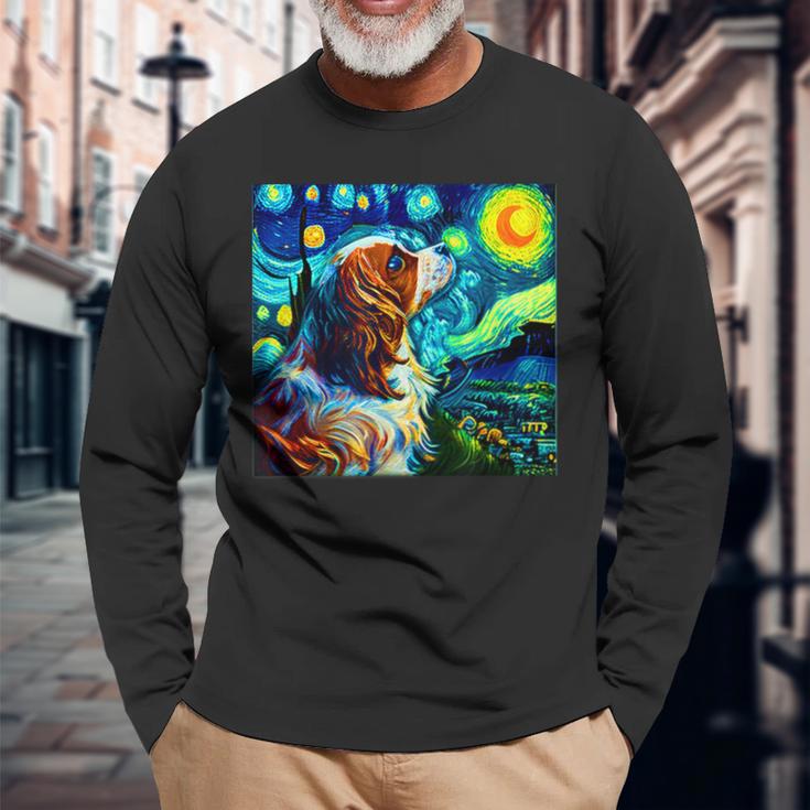 面白いtシャツ 犬 キャバリア ゴッホ 星月夜 わんこ メンズ おもしろ グッズ 服 かわいい 長袖Tシャツ 高齢者への贈り物