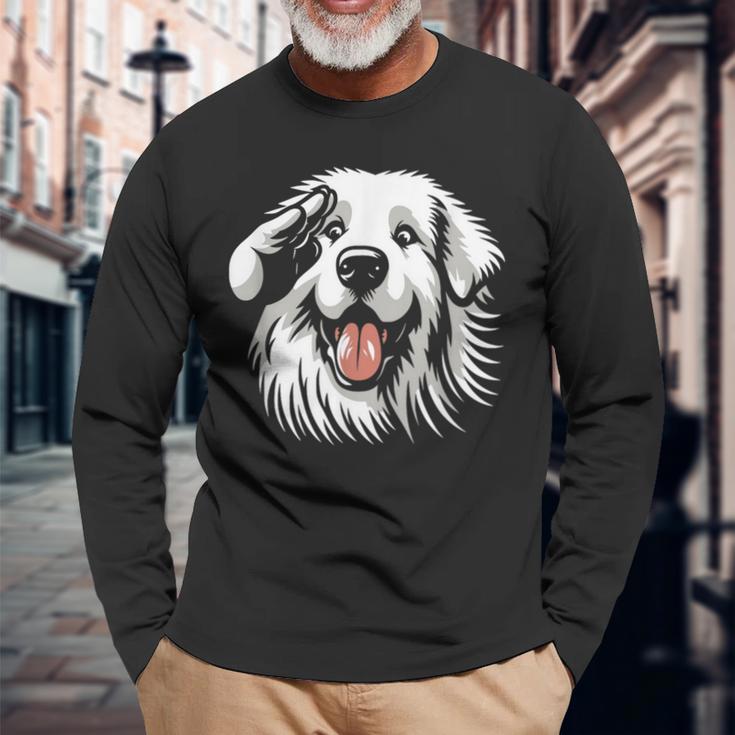 面白いグレート ピレニーズの顔の犬のグラフィック デザイン 長袖Tシャツ 高齢者への贈り物