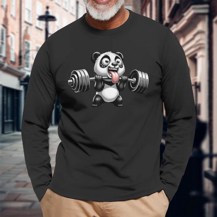 面白いパンダ ウエイトリフティング ジム ボディービル 熊 ワーク 長袖Tシャツ 高齢者への贈り物