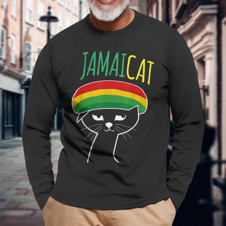 面白い猫 ユーモア ラスタ Jamaicat ジャマイカ 旗 かっこいい 男 猫 長袖Tシャツ 高齢者への贈り物