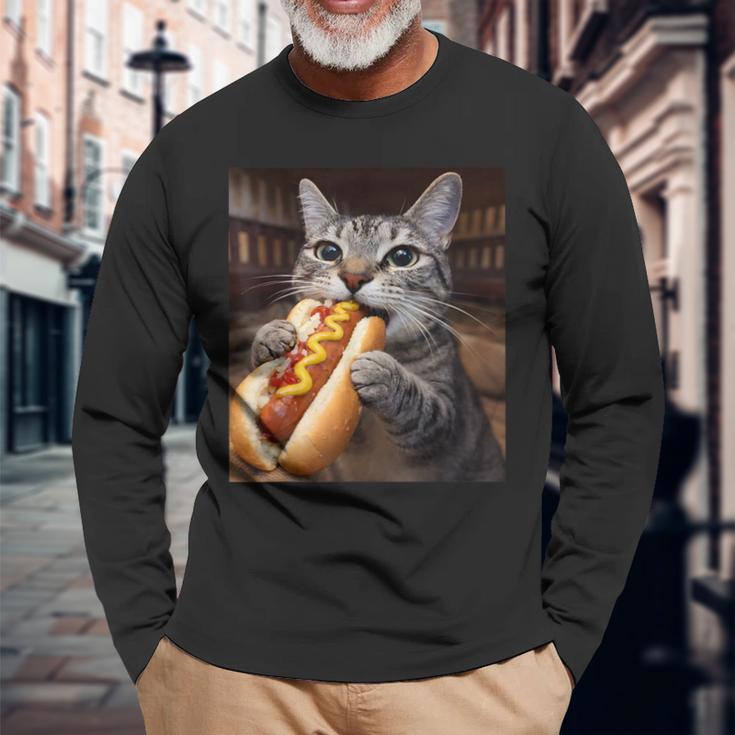面白い猫を食べるホットドッグtシャツ リアルなタビーキャットフード ユーモア 長袖Tシャツ 高齢者への贈り物