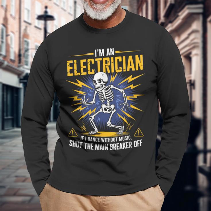 音楽なしで踊ったら私は電気技師だおもしろいスケルトン 長袖Tシャツ 高齢者への贈り物
