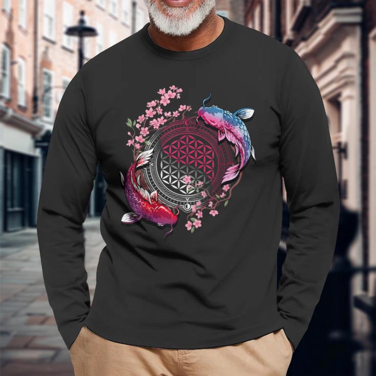 鯉魚フラワーオブライフ神聖幾何学桜アート 長袖Tシャツ 高齢者への贈り物