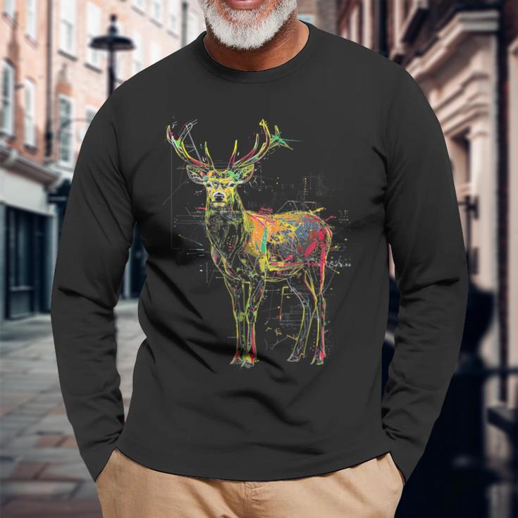 鹿 アートワーク 幾何学的 抽象 動物 グラフィック アート 鹿 長袖Tシャツ 高齢者への贈り物