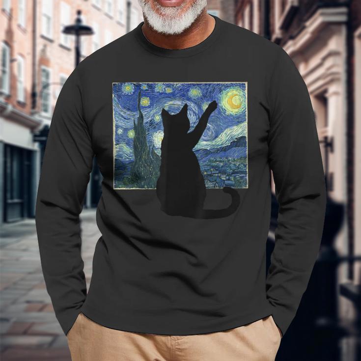 黒猫 星月夜 長袖Tシャツ 高齢者への贈り物