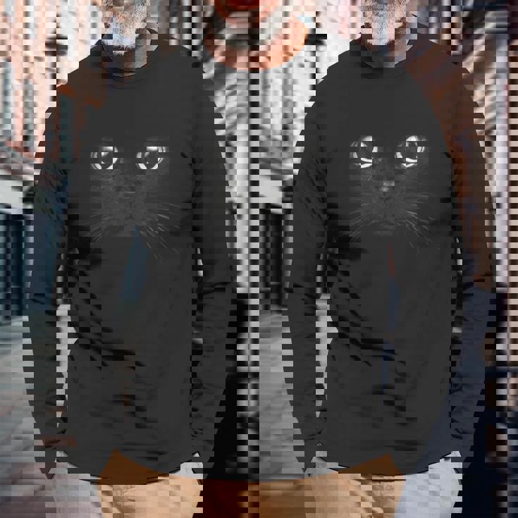 黒猫 顔 グラフィックデザイン 面白い猫 ハロウィンコスチューム 長袖Tシャツ 高齢者への贈り物