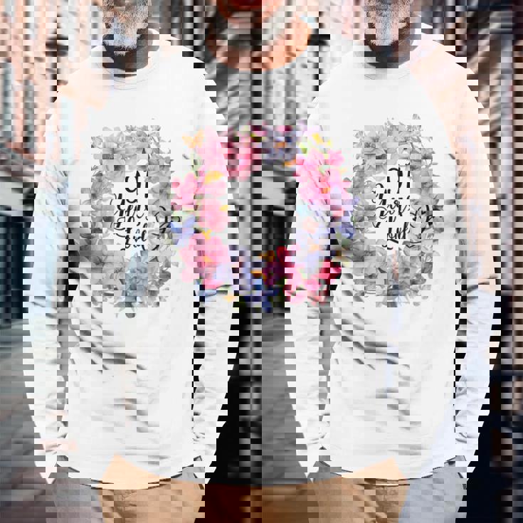 91 Years Loved 91歳の誕生日 フローラルリース ナインティワン 長袖Tシャツ 高齢者への贈り物