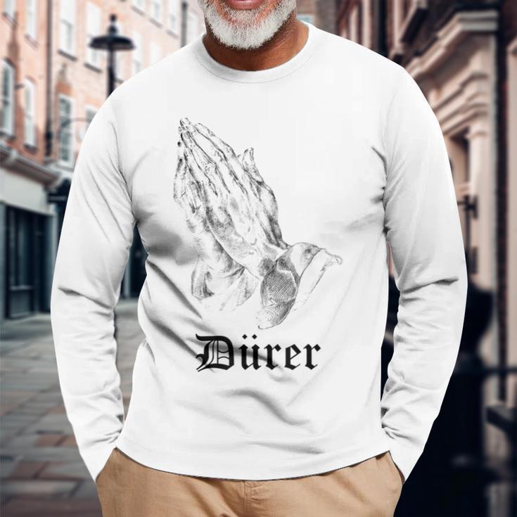 Albrecht Dürer Durer クリスチャンアート 祈りの手 ホワイト 長袖Tシャツ 高齢者への贈り物