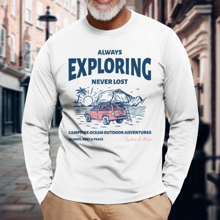 Always Exploring Campfire Ocean Outdoor ビーチライフグラフィック 長袖Tシャツ 高齢者への贈り物