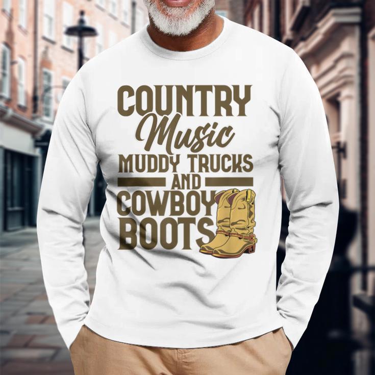 Country Music マディトラックとカウボーイブーツ ウェスタンusa 長袖Tシャツ 高齢者への贈り物