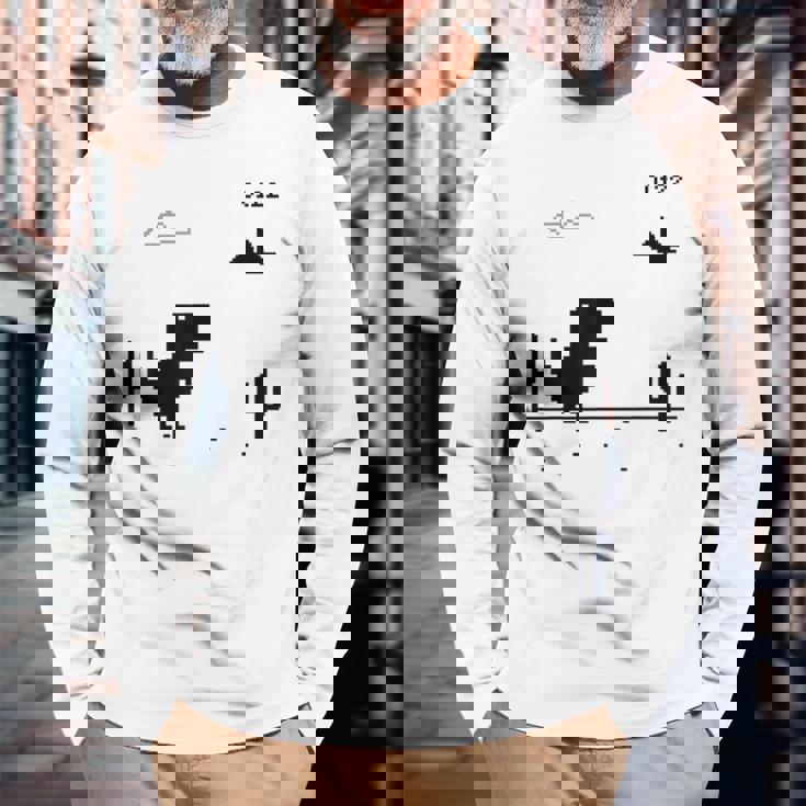 Dino T-Rex 恐竜 ピクセルゲーム インターネットなし オフライン 面白い 男性 長袖Tシャツ 高齢者への贈り物