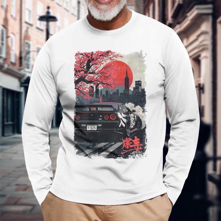 Jdm ドリフトレーシングカー 日本桜アート 背面 長袖Tシャツ 高齢者への贈り物