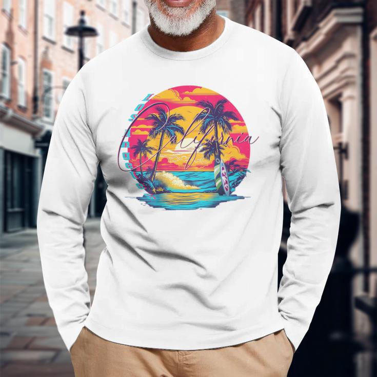 Los Angeles California、サーフィンサーフボードレトロ 長袖Tシャツ 高齢者への贈り物