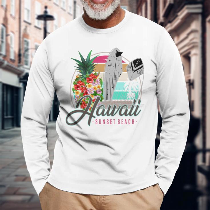 Sunset Beach Hawaii、サーフィンサーフボードレトロ、バックプリント 長袖tシャツ 長袖Tシャツ 高齢者への贈り物