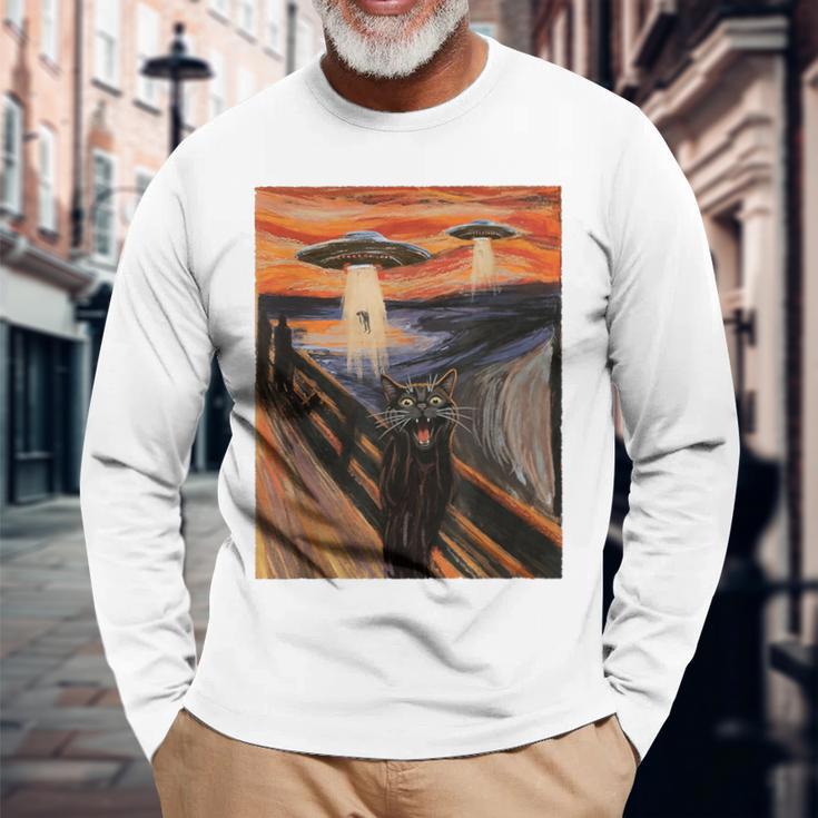 Ufo エイリアン 楽しい 絶叫 猫 アート パロディ 長袖Tシャツ 高齢者への贈り物