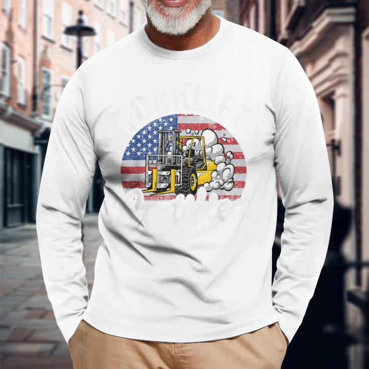 Warehouse アメリカ国旗 フォークリフトオペレーターフォークリフト認定 長袖Tシャツ 高齢者への贈り物