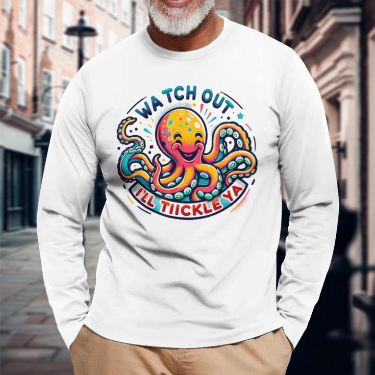 かわいいオクトパス 気をつけてくすぐる おもしろい 長袖Tシャツ 高齢者への贈り物
