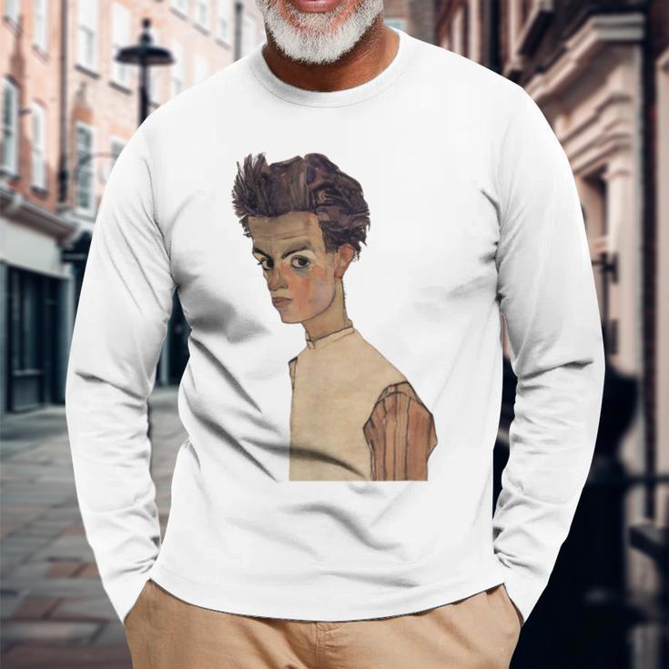 エゴン・シーレ作1910ストライプシャツの自画像 長袖Tシャツ 高齢者への贈り物