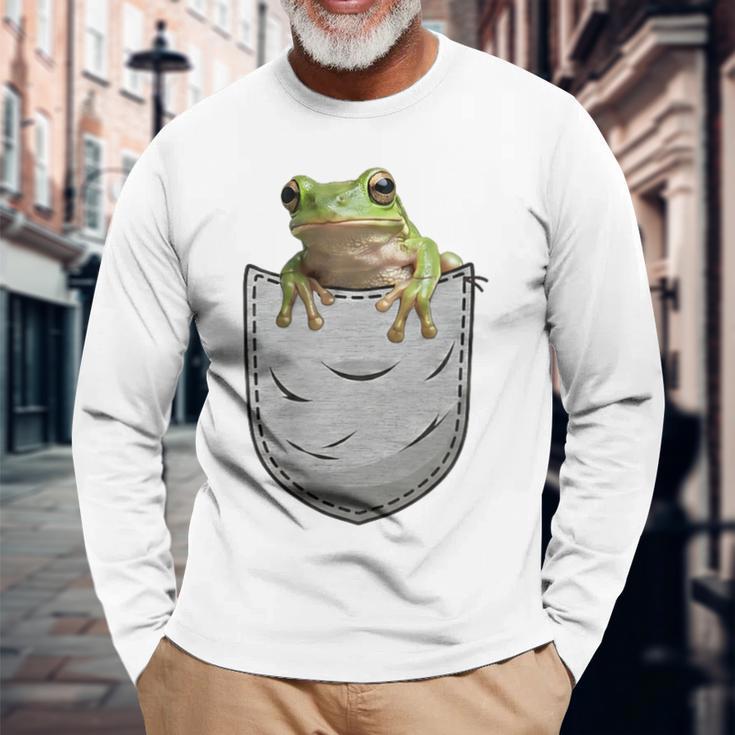 カエルの胸ポケット。 長袖Tシャツ 高齢者への贈り物