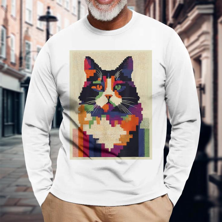カラフル メインクーン 猫 芸術的 猫 動物 幾何学 アート 長袖Tシャツ 高齢者への贈り物