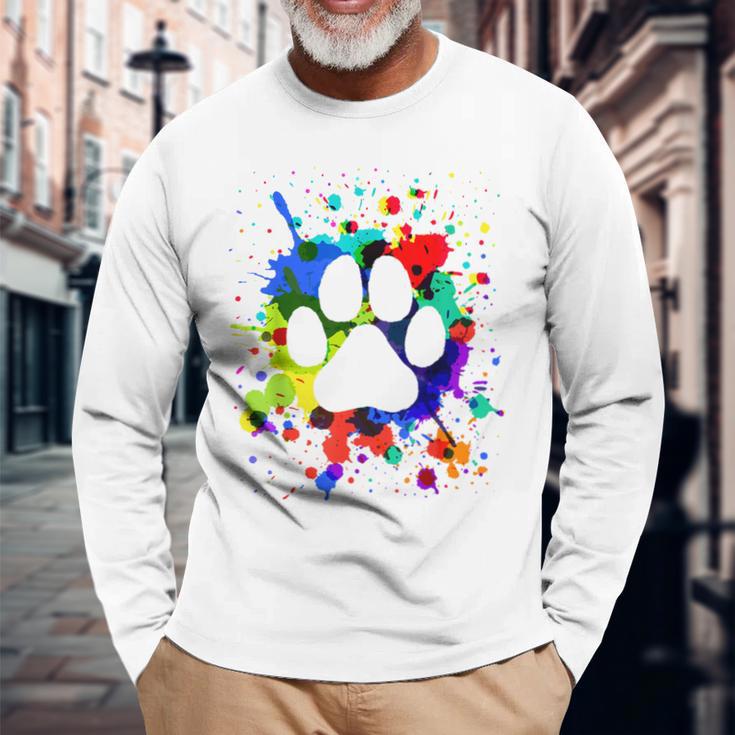 カラフルペイント スプラッター 肉球プリント 猫 犬 長袖Tシャツ 高齢者への贈り物