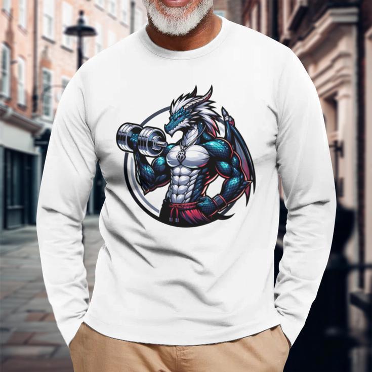 キュートでかわいいグラフィックのドラゴンが筋肉質のシックスパックを表示 長袖tシャツ 長袖Tシャツ 高齢者への贈り物