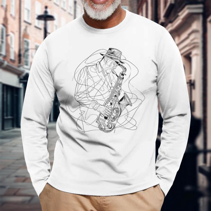サックス・ガイ・スケッチ・ジャズ・ミュージック 長袖Tシャツ 高齢者への贈り物