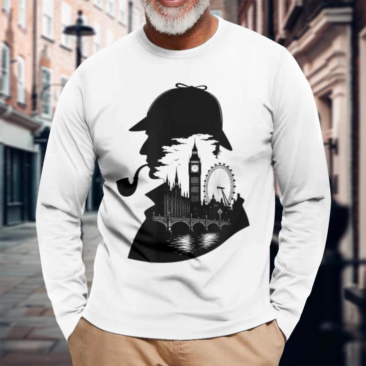 シャーロックホームズ&ロンドンのスカイラインシルエットギフト 長袖Tシャツ 高齢者への贈り物