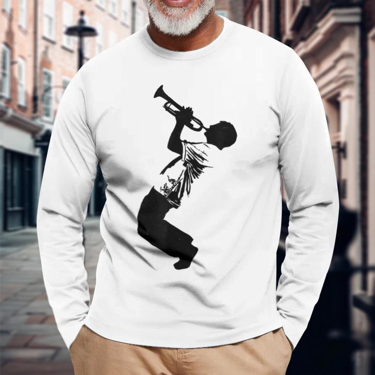 ジャズ&ブルースミュージシャン アーティスト トランペット ミュージックシルエット 長袖Tシャツ 高齢者への贈り物