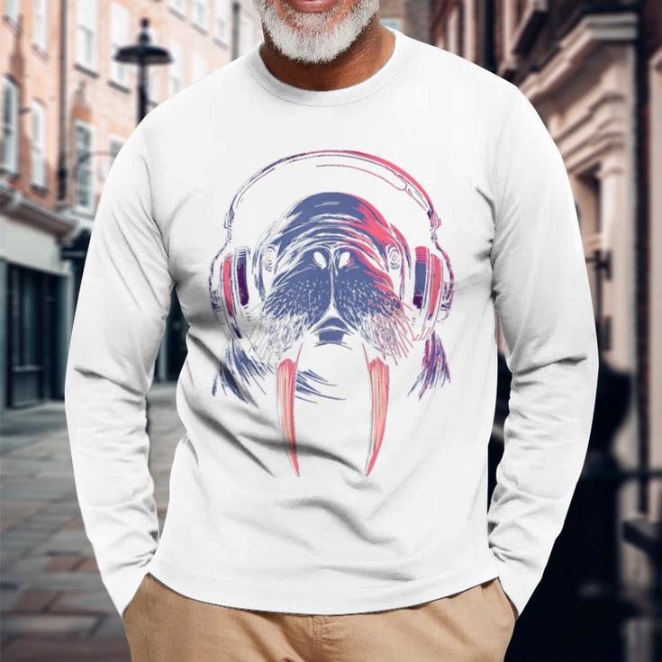 セイウチ ゲーミング 音楽 ヘッドフォン レトロ クール 長袖Tシャツ 高齢者への贈り物