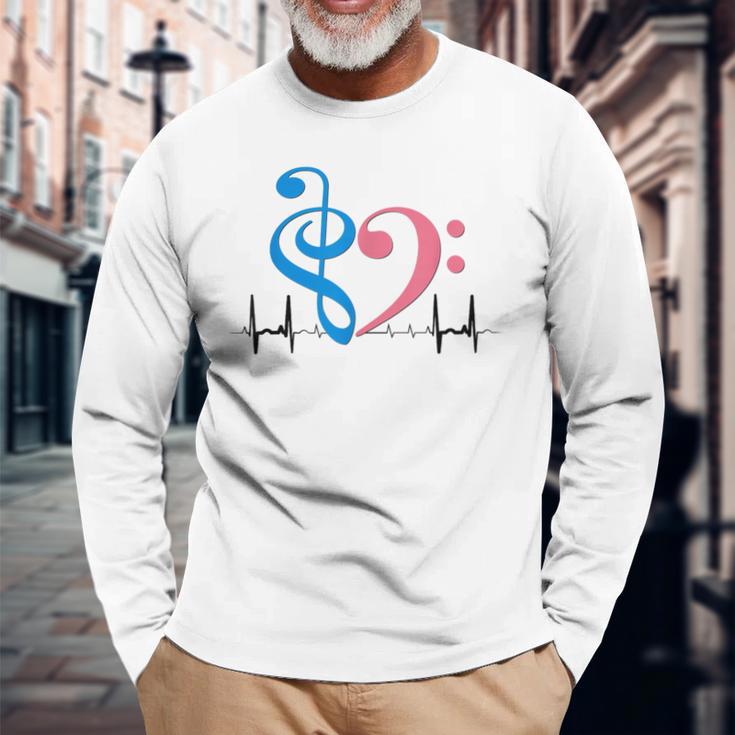 ツートーン 低音記号 ハート Ekg ウェーブ シアン&バブルガム ピンク 長袖Tシャツ 高齢者への贈り物