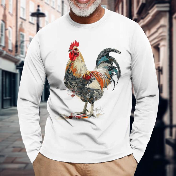 ニワトリ 動物 カラフル 動物園 絵画 イラスト ニワトリ 長袖Tシャツ 高齢者への贈り物