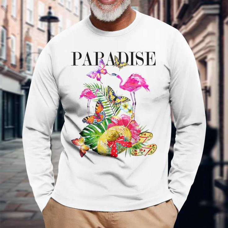 ハワイアンフラワー パラダイス 蝶 ハワイ プリント 長袖Tシャツ 高齢者への贈り物