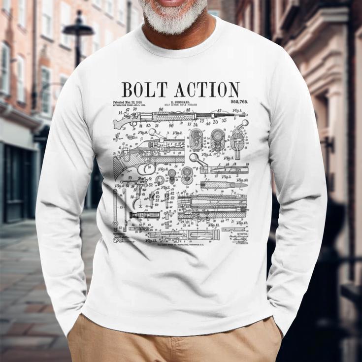 ハンティングライフルボルトアクション銃器ヴィンテージガン特許プリント 長袖Tシャツ 高齢者への贈り物