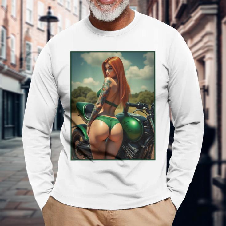 バックプリントtシャツ セクシーな赤毛ピンナップガール&バイク 長袖Tシャツ 高齢者への贈り物